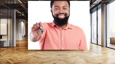 Happy black man, portrait and keys for real estate, property or investment isolated on a transparent PNG background. African male person or realtor smile with key to new home, house or own apartment Wall mural