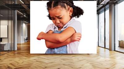 Isolated girl child, sad and arms crossed with thinking, depression and anxiety by transparent png background. Young kid, fear and frustrated face with mental health, crying and angry in childhood Wall mural