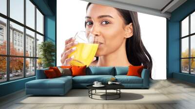 Portrait, orange juice and Indian woman with weight loss, diet or detox on isolated, transparent and png background. Face, health and lady person with vitamin c drink, tonic or effervescent hydration Wall mural