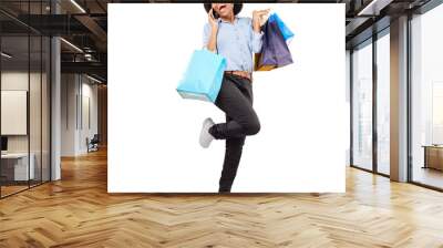 Shopping bags, phone call and a happy customer or woman excited for sale, discount or promotion. Black female person isolated on a transparent, png background with smartphone, connection or wow deal Wall mural