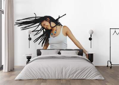 Smile, dancing and woman with dreadlocks hair isolated on a transparent png background. Happy, freedom and African person with braids, energy for moving to rhythm of music and celebration of party Wall mural