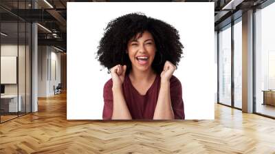 Winning, happy and portrait of a woman with excited, wow and omg expression for winning or success. Smile, excited and headshot of female model with wow gesture isolated by transparent png background Wall mural