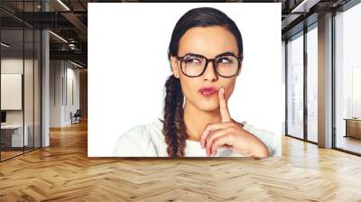 Woman, idea or glasses for thinking of project proposal, consultant or brainstorming solution. Young person, serious or thought in problem solving in eyewear or isolated on transparent png background Wall mural