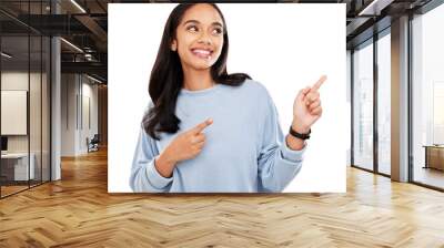 Happy woman, hands and pointing for advertising isolated on a transparent PNG background. Female person or model point finger for show, advertisement or discount in sale, branding or marketing Wall mural