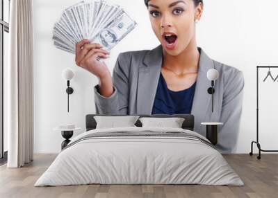 Portrait, wow and money with a business woman isolated on a transparent background as a winner of the lottery. Finance, accounting and savings with a surprised female employee holding cash on PNG Wall mural