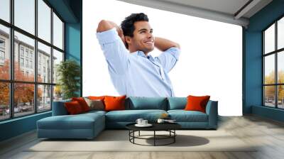 Relax, success and businessman with finished work or project with his hands behind his head. Happy, confidence and professional male person stretching his arms isolated by transparent png background. Wall mural