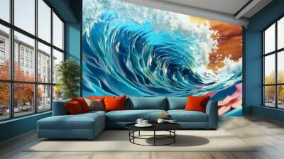 3d illustration of abstract background with waves and flowers. Creative concept Wall mural