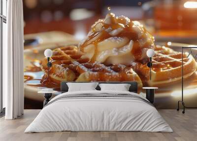 A close up of a plate of food with waffles and caramel Wall mural