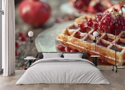 A close up of a plate of food with waffles strawberries Wall mural