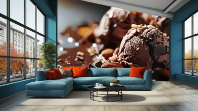 Delicious ice cream with chocolate and nuts on table, closeup Wall mural