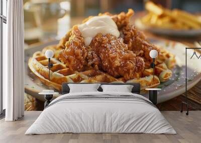 Poached egg chicken and waffles Wall mural