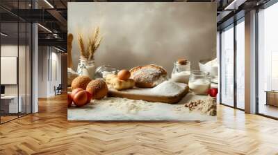 top view of ingredients for baking cake on white table, panorama Wall mural