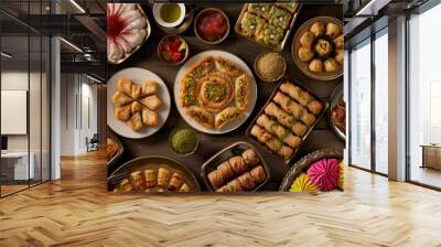 Top view of various indian sweets and pastries on wooden table Wall mural