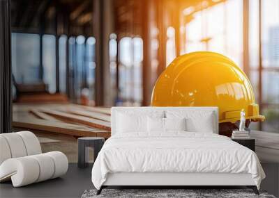 A bright yellow hard hat rests on wooden planks in a well-lit construction site, symbolizing safety and professionalism in building. Wall mural