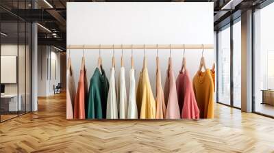 A colorful collection of shirts hanging neatly on a rack, showcasing various hues in a minimalist setting. Wall mural