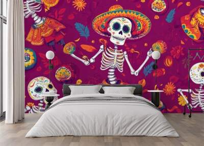 A colorful pattern featuring dancing skeletons in traditional attire, celebrating life with maracas and sombreros against a vibrant background. Wall mural