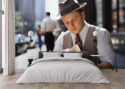 A man reading a newspaper on a city street, dressed in vintage fashion, capturing the essence of urban life. Wall mural