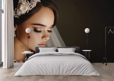 A serene portrait of a bride, showcasing elegant hair accessories and soft makeup, exuding beauty and grace. Wall mural