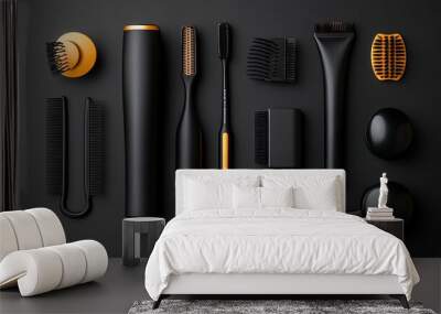 A sleek black studio backdrop featuring a stylist's curling iron and comb arranged under soft lighting ideal for promoting hair tools focusing on innovation and functionality Wall mural