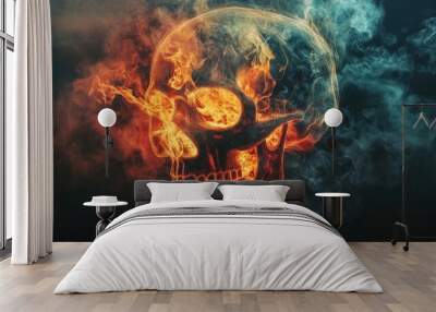 A striking skull surrounded by vibrant flames and smoke, evoking themes of danger and mystery in a dark aesthetic. Wall mural