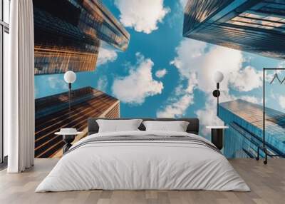 A stunning view of skyscrapers reaching towards a blue sky with fluffy clouds, capturing modern architecture and urban beauty. Wall mural