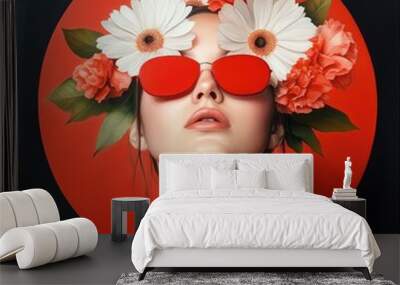 A stylish woman with sunglasses and floral headwear, exuding confidence and vibrant summer energy against a bold backdrop. Wall mural