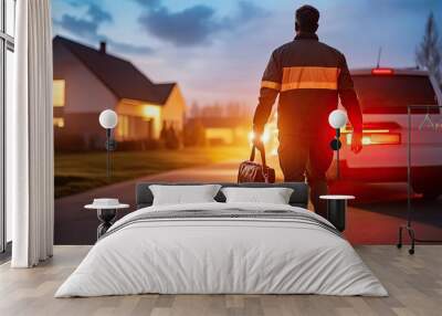 A technician approaches a residential home at dusk, carrying tools in a briefcase, ready for service or repair needs. Wall mural