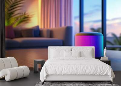 A vibrant smart speaker placed on a wooden table in a modern living room with colorful lighting and stylish decor. Wall mural