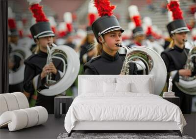 A young musician plays the tuba in a marching band during a vibrant outdoor performance with colorful uniforms. Wall mural