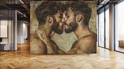 Detailed portrayal of two handsome, muscular Roman men, 25, heavy stubble, in a gentle partly open-mouth kiss, artistic background Wall mural