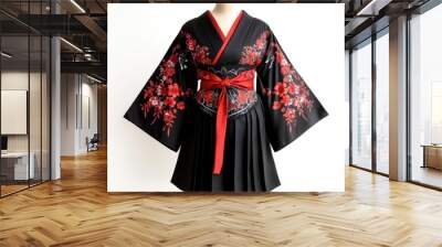 Elegant black kimono with floral patterns and a red belt, showcasing traditional Japanese fashion in a modern design. Wall mural