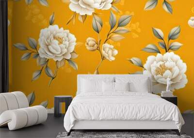 Elegant floral pattern featuring white peonies on a vibrant yellow background, perfect for textile and wallpaper design. Wall mural