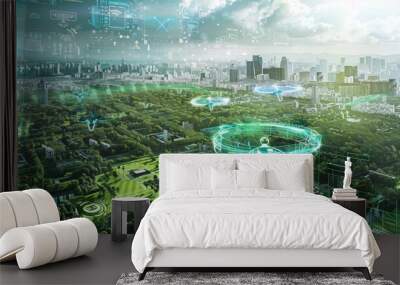 Futuristic cityscape with green and blue energy fields, glowing with technology.  Aerial view of a city in the future, with a sense of mystery and wonder. Wall mural