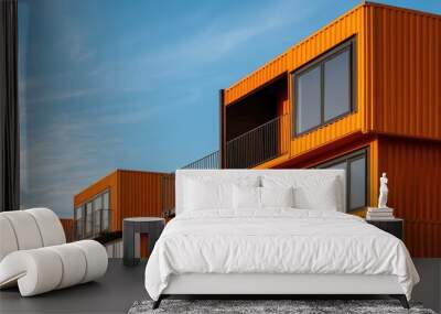 Modern orange container houses under a blue sky, showcasing innovative architecture and design in urban living. Wall mural