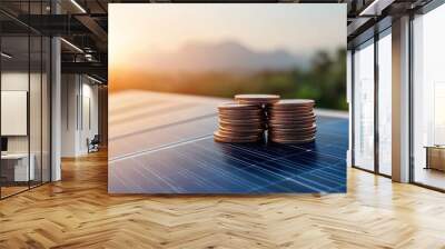 Solar panel investment symbolized by stacks of coins, reflecting renewable energy's financial benefits in a serene landscape. Wall mural