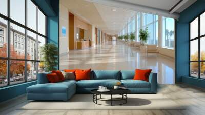 Spacious and modern hallway with large windows, bright light, and minimalist decor. Ideal for architectural and interior design projects. Wall mural