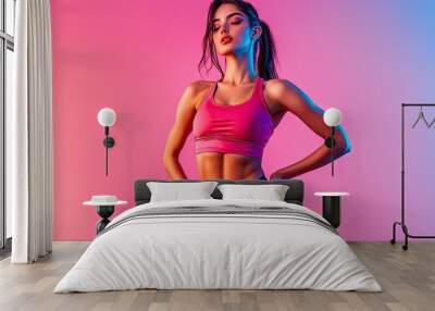 Sporty model poses confidently in stylish activewear against a vibrant, colorful backdrop, showcasing strength and beauty. Wall mural