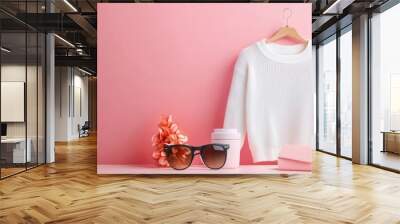 Stylish Fashion Arrangement on Pink Background Wall mural