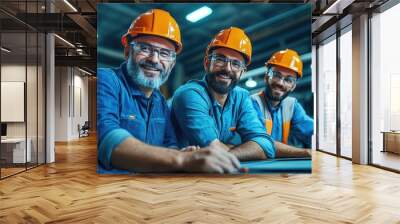 Three smiling construction workers in helmets pose together in a factory setting, conveying teamwork and professionalism. Wall mural