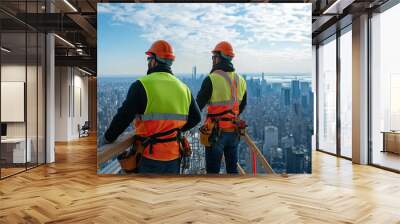 Two construction workers in safety gear survey the skyline from a high vantage point, showcasing urban development and teamwork. Wall mural