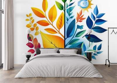 Vibrant illustration of leaves in diverse colors representing seasonal changes and nature's beauty. Wall mural