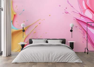 Vibrant paint splashes create a colorful pattern against a soft pink background, perfect for creative and artistic projects. Wall mural