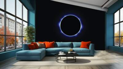 Iridescent round aura eclipse. blue planet glow background. Sun or moon total eclipse in dark space. Star aurora flare with sparkles and sparkles effects. Vector illustration Wall mural