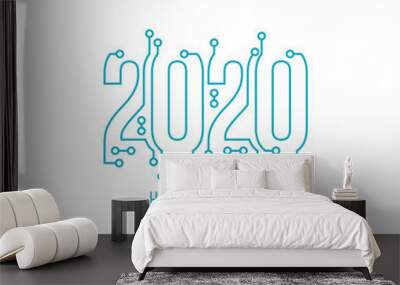 Happy new year 2020 text design with high tech circuit board texture. Vector illustration. Wall mural