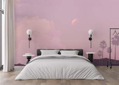 Aesthetic illustration of soft pastel mellow purple and pink mountain view cosmic landscape with clouds, nostalgic retrowave / vaporwave VHS 80s vibes Wall mural