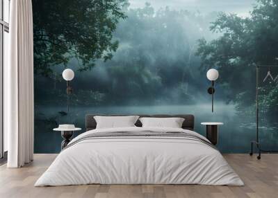 Morning mist rolling through a dense forest, foggy weather, mysterious ambiance Wall mural