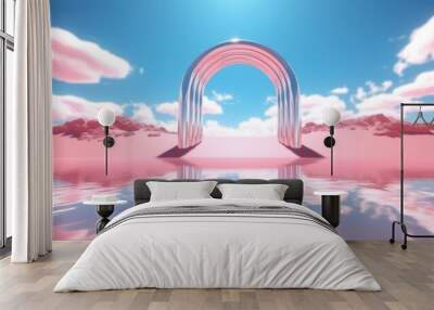 3d render Abstract aesthetic background. Surreal fantasy landscape. Water, pink desert, neon linear arch and chrome metallic gate under the blue sky with white clouds. Generative AI image weber. Wall mural