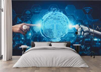 3D rendering artificial intelligence AI research of droid robot and cyborg development for future of people living. Digital data mining and machine learning technology design for computer brain. Wall mural