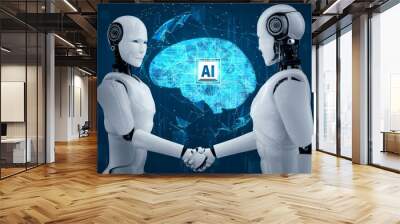 3D rendering hominoid robot handshake to collaborate future technology development by AI thinking brain, artificial intelligence and machine learning process for 4th industrial revolution. Wall mural