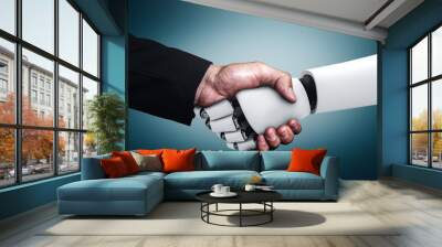 3D rendering humanoid robot handshake to collaborate future technology development by AI thinking brain, artificial intelligence and machine learning process for 4th industrial revolution. Wall mural